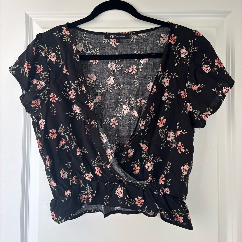 YMI Black and Pink Cropped Wrap Blouse
